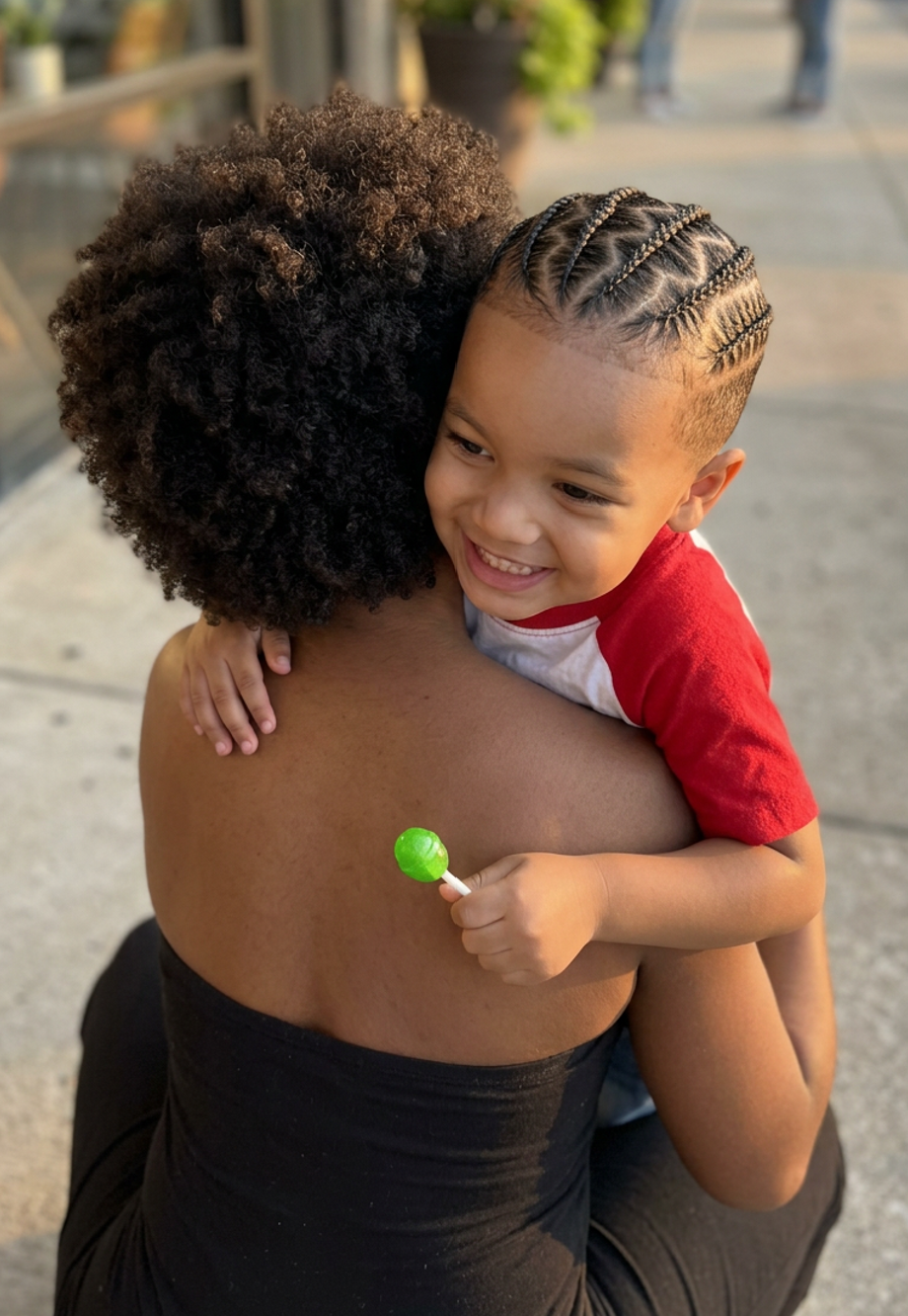 The Tressing Room male client hugging his mother at pickup after receiving a braiding service